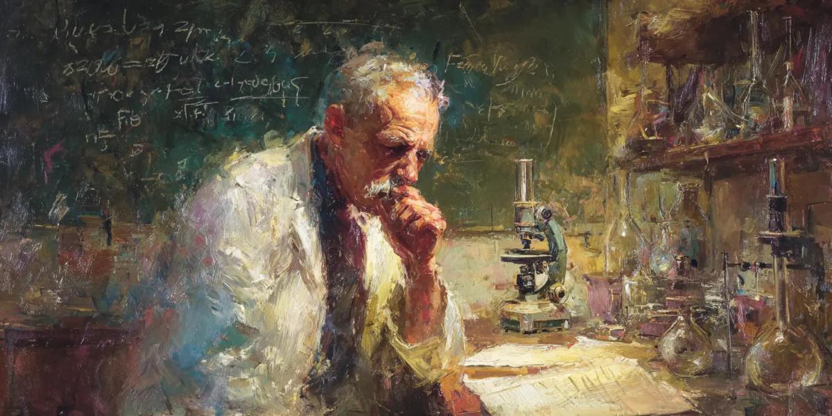 Учёный в лаборатории у микроскопа и колб - обложка статьи про День белорусской науки