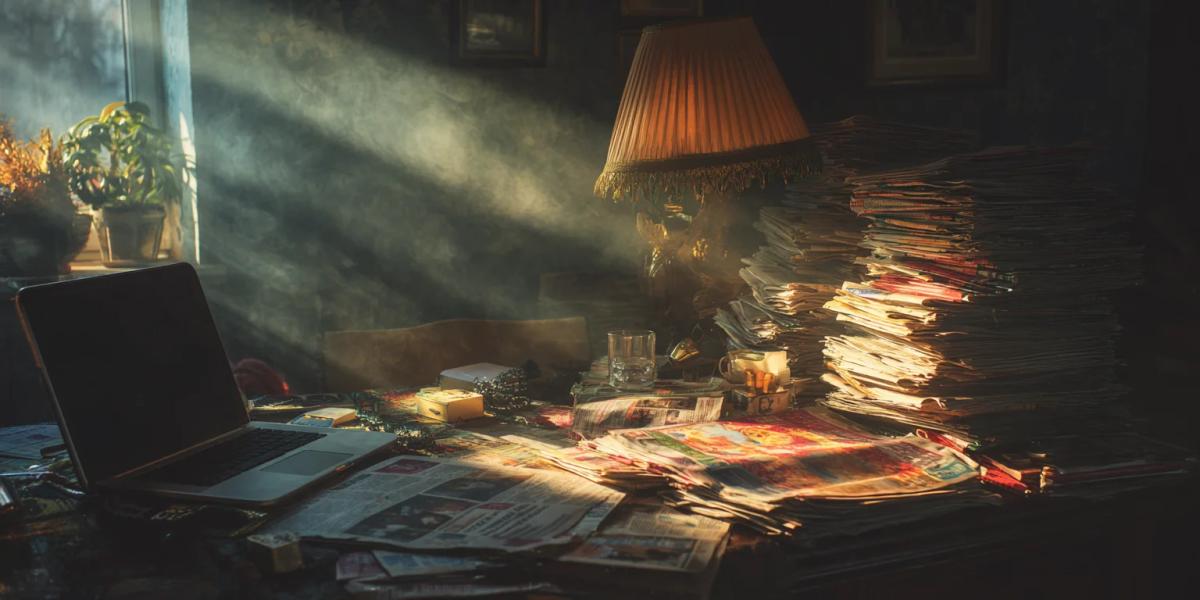 Рабочее место в редакции: стол с макетом газеты, блокнотом и чашкой кофе - обложка статьи про День печати