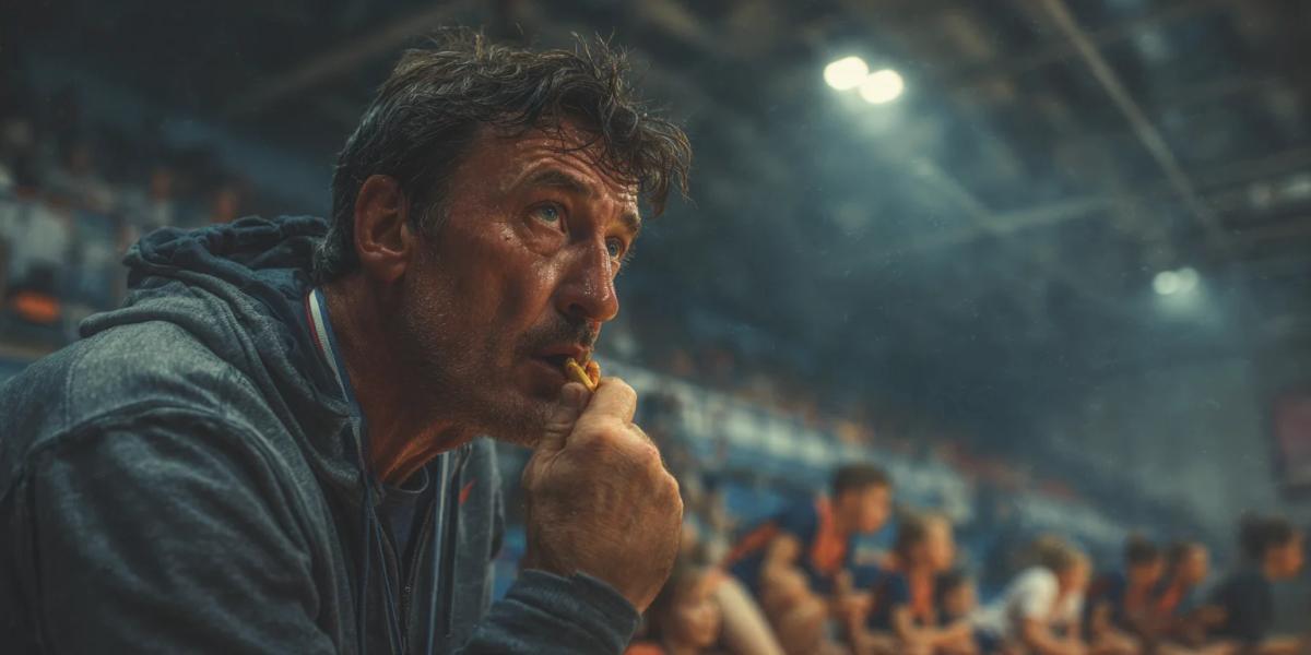 Тренер со свистком в спортивном зале на фоне мягкого света - обложка статьи про День работников физической культуры и спорта