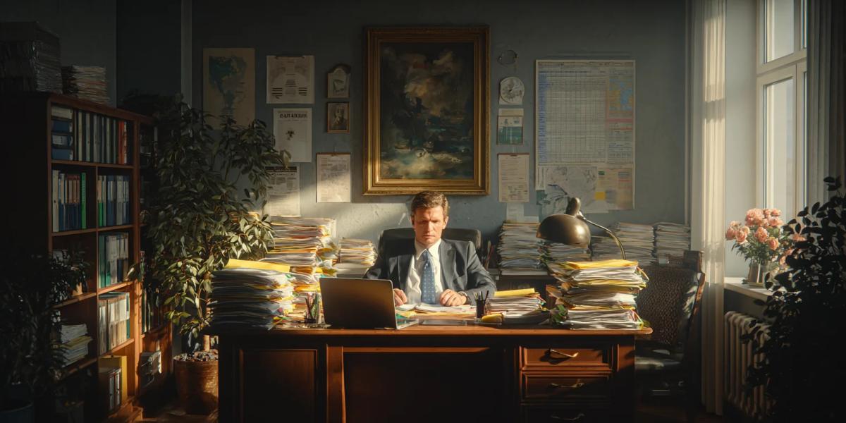 Сотрудник налоговой службы в офисе с папками и ноутбуком на фоне спокойного дневного света - обложка статьи про День работников налоговых органов