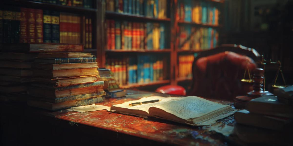 Спокойный кабинет: книги по праву на полке, стол и мягкий дневной свет, без читаемых страниц - обложка статьи