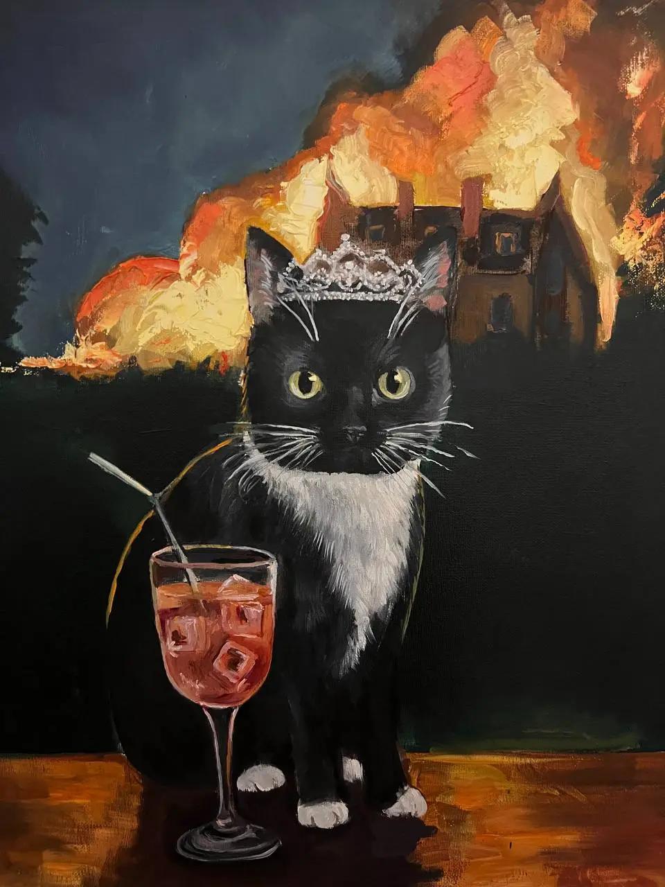 Портрет кошки на фоне огня