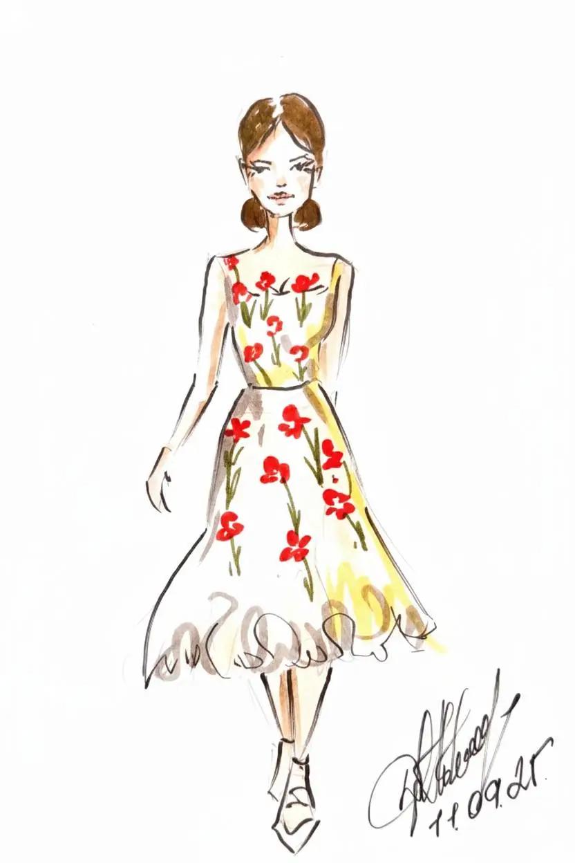 Фэшн-иллюстрация: девушка в платье с цветочным принтом