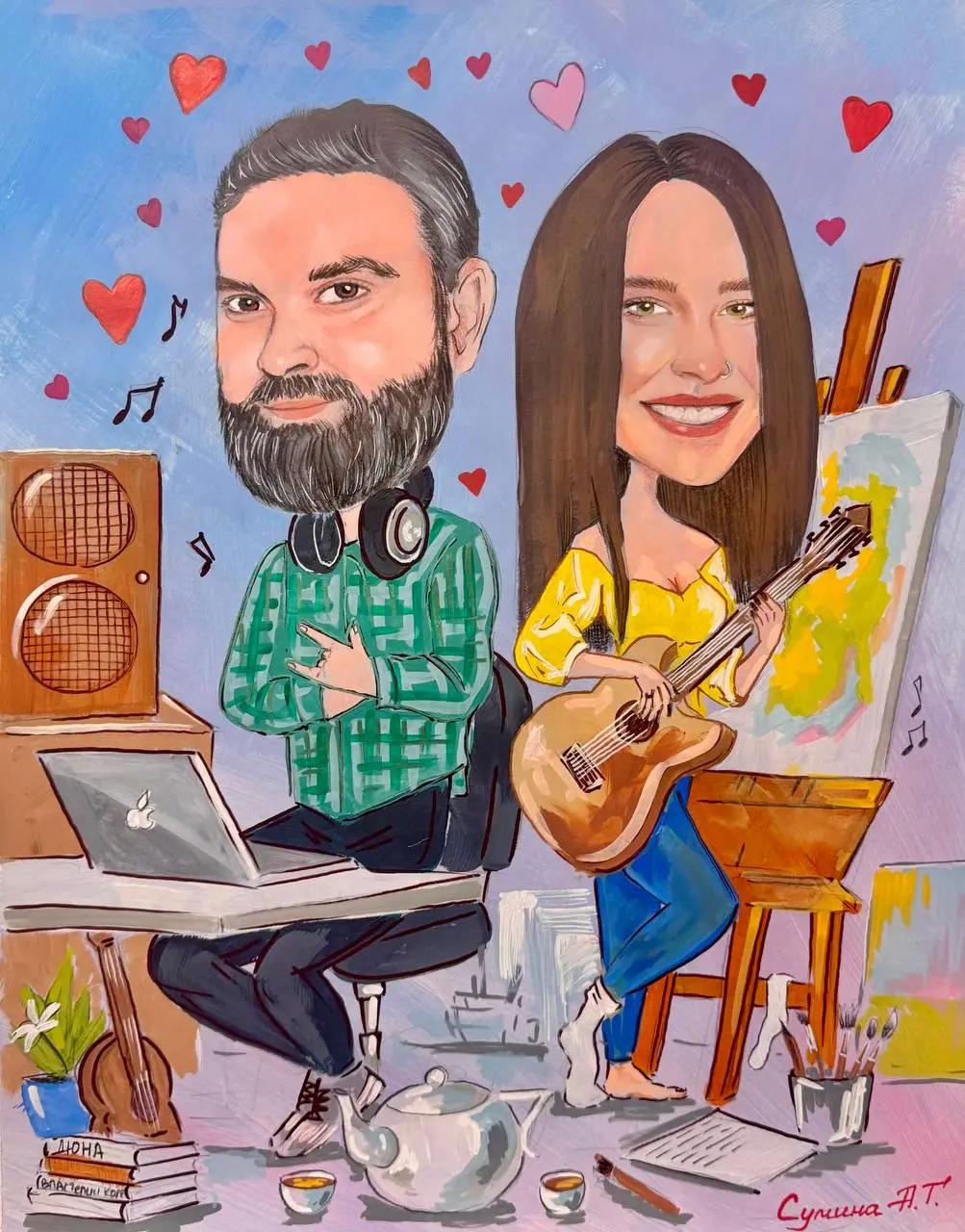 Шарж художницы и IT-специалиста - пример дружеского шаржа