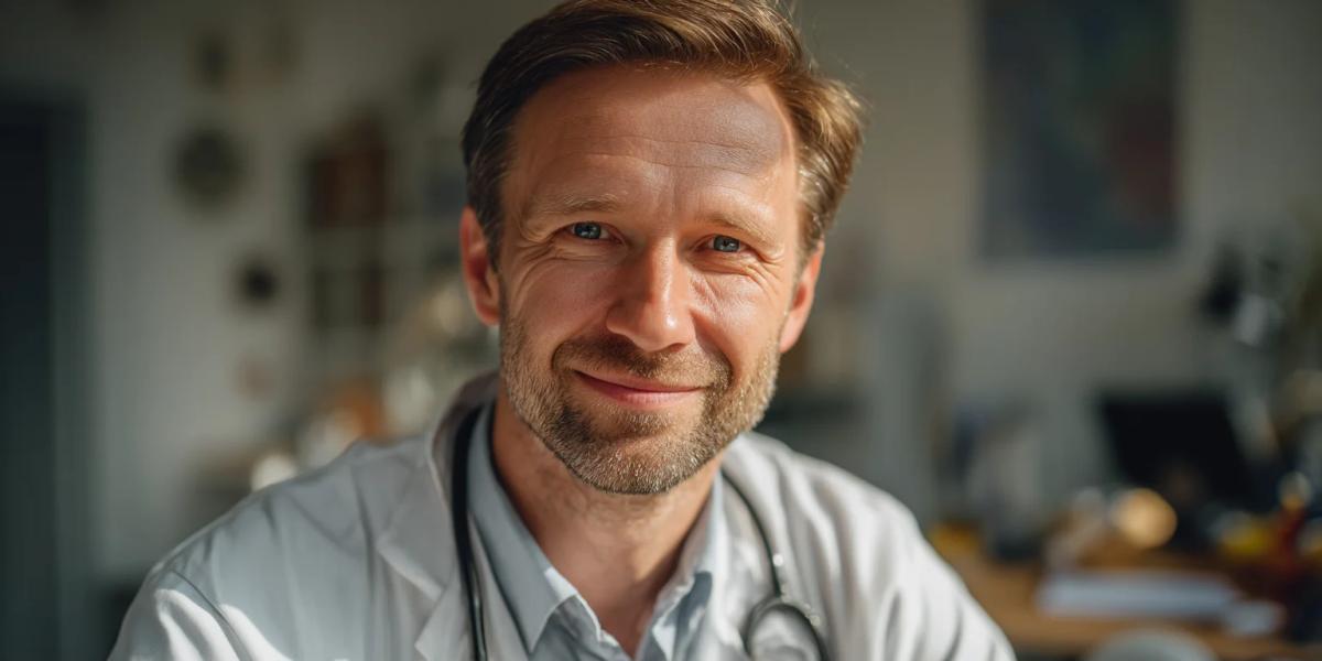 21 июня - День медицинских работников в Беларуси: идеи подарков Врач в белом халате в светлом кабинете, спокойный теплый свет - обложка статьи про День медицинских работников