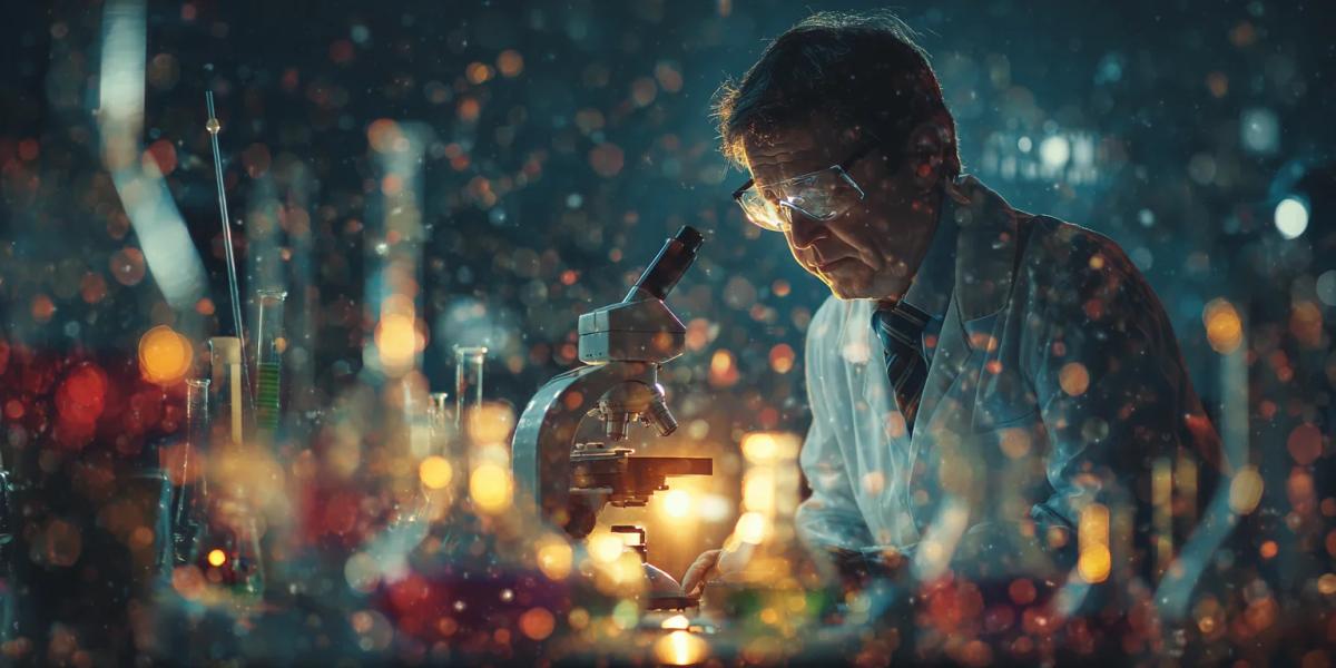 15 октября - День работников фармацевтической и микробиологической промышленности: что подарить Спокойная лаборатория: белый халат, стеклянные колбы и мягкий свет, чистая композиция - обложка статьи