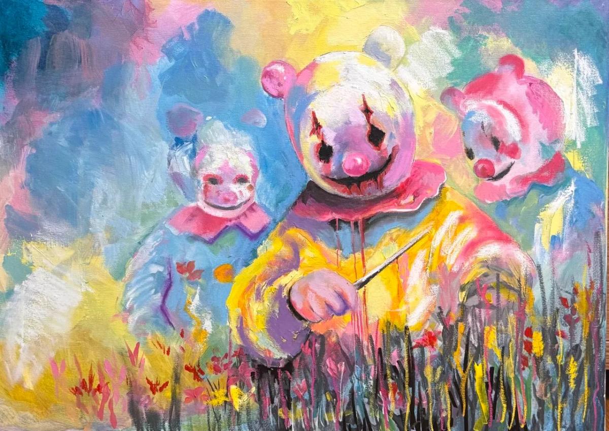 Клоуны Клоуны - сюжетная живопись, акрил, холст (70×50 см), авторская работа Анастасии Суминой, DRЁMA Art Gallery