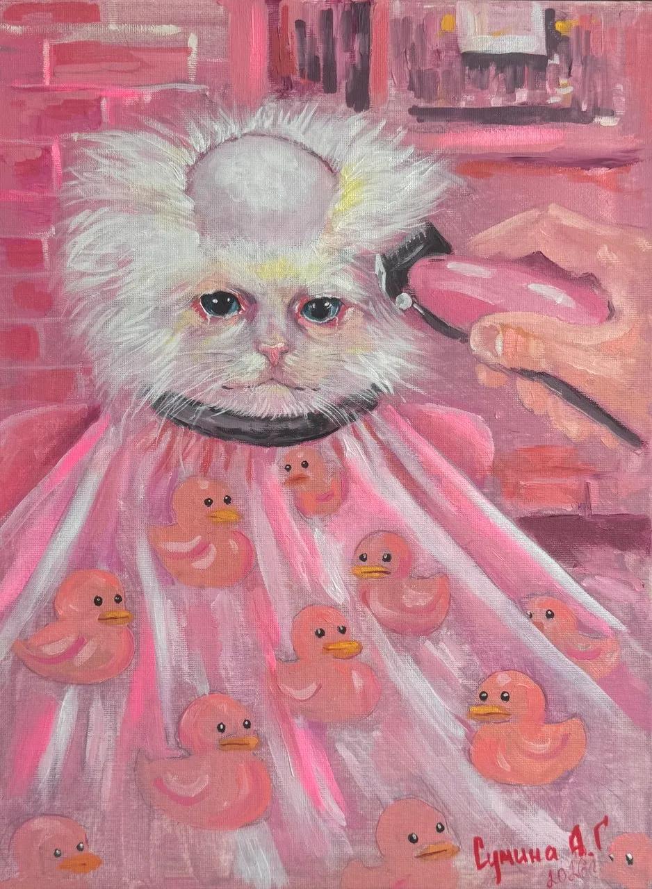 Экзистенциальный груминг Экзистенциальный груминг - сюжетная живопись, масло, холст (40×30 см), авторская работа Анастасии Суминой, DRЁMA Art Gallery